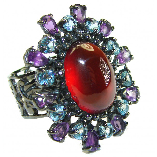 Blooming Rose Red Authentic Garnet BLACK RHODIUM OVER .925 Sterling Silver handcrafted Ring size 8 1/2