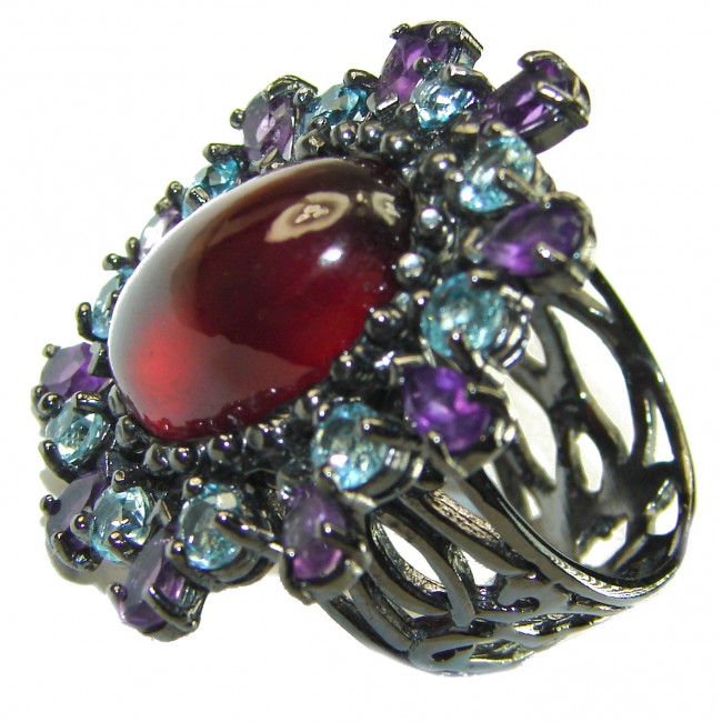 Blooming Rose Red Authentic Garnet BLACK RHODIUM OVER .925 Sterling Silver handcrafted Ring size 8 1/2