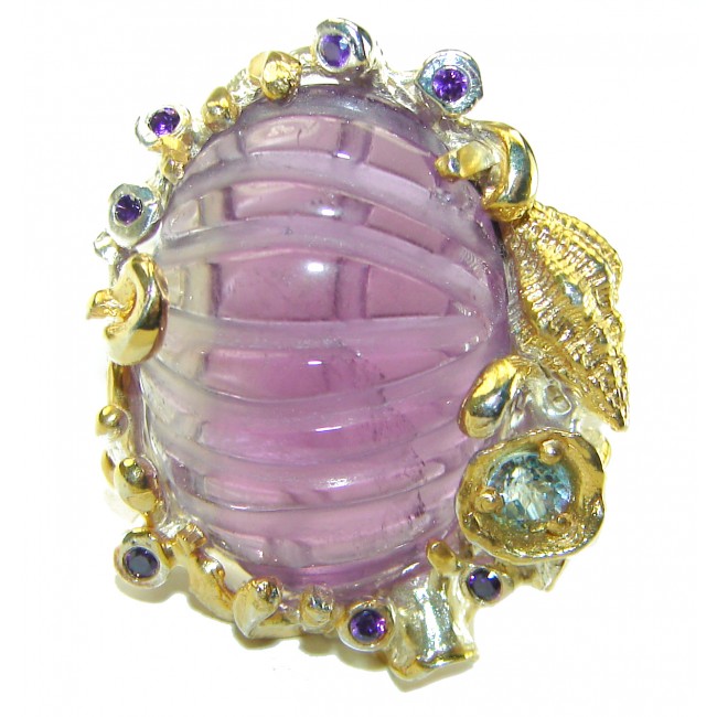 Spectacular 17.5 carat carved Amethyst .925 Sterling Silver Handcrafted Statement Ring size 10 1/4