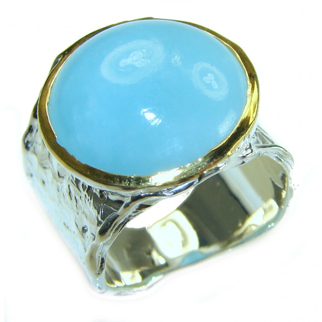 Eau Pure 12.5 carat Cabochon AQUAMARINE 2 tones .925 Sterling Silver Handcrafted Ring size 7 3/4