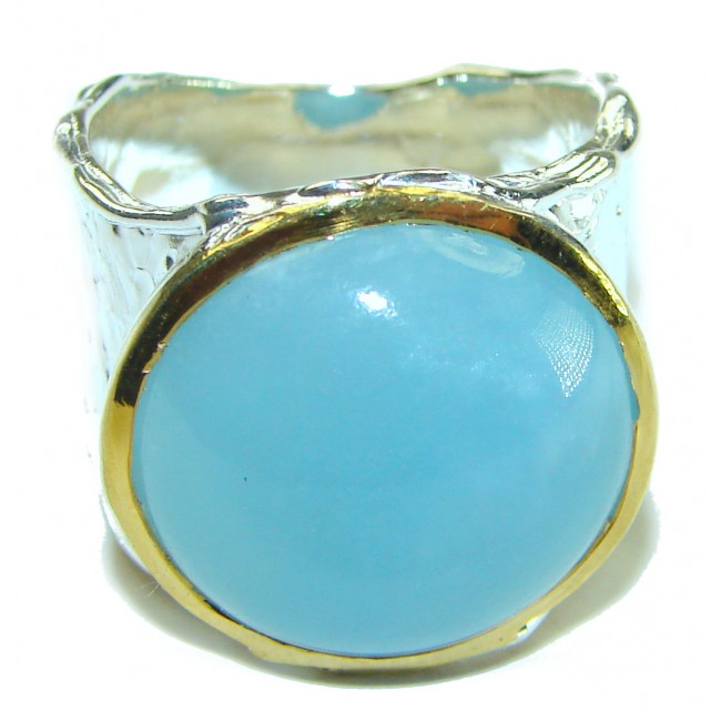 Eau Pure 12.5 carat Cabochon AQUAMARINE 2 tones .925 Sterling Silver Handcrafted Ring size 7 3/4