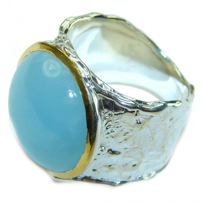 Eau Pure 12.5 carat Cabochon AQUAMARINE 2 tones .925 Sterling Silver Handcrafted Ring size 7 3/4