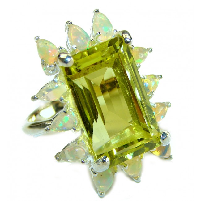 22.8 carat Genuine Lemon Quartz Ethiopian Opal .925 Sterling Silver handcrafted ring size 8 1/2