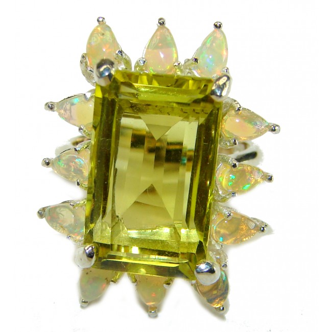 22.8 carat Genuine Lemon Quartz Ethiopian Opal .925 Sterling Silver handcrafted ring size 8 1/2