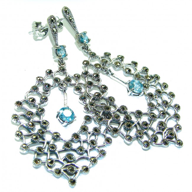 Genuine large Swiss Blue Topaz .925 Sterling Silver handcrafted earrings