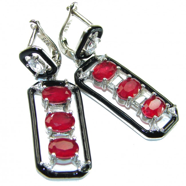 Art Deco Ruby black enamel .925 Sterling Silver handcrafted earrings