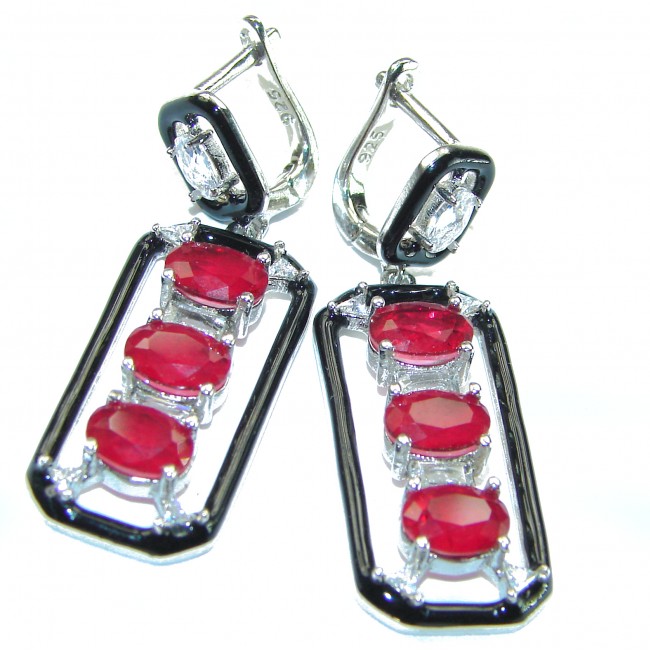 Art Deco Ruby black enamel .925 Sterling Silver handcrafted earrings