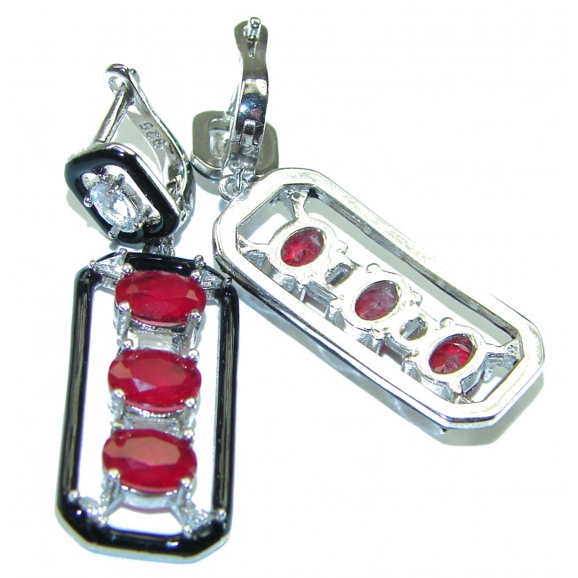 Art Deco Ruby black enamel .925 Sterling Silver handcrafted earrings