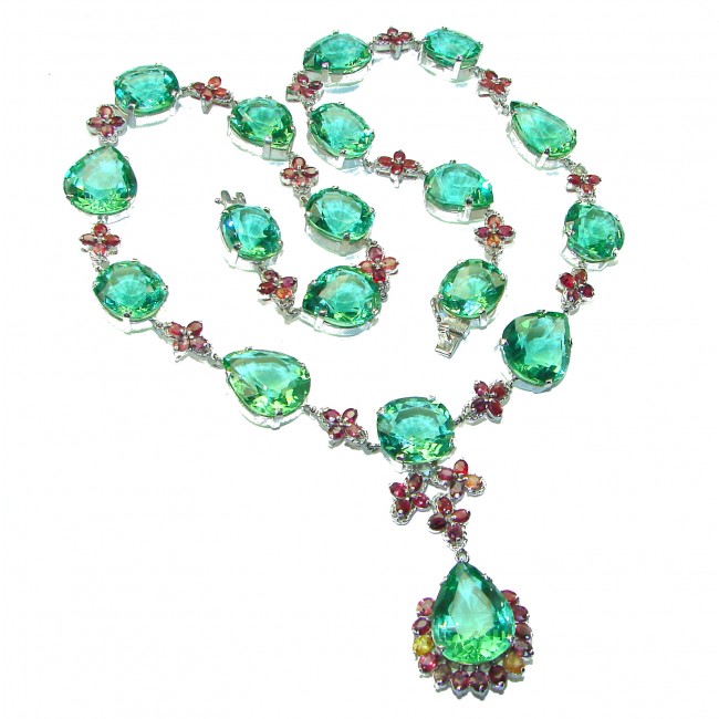 Power of Nature Green Topaz and Garnet .925 Sterling Silver handmade Statement necklace