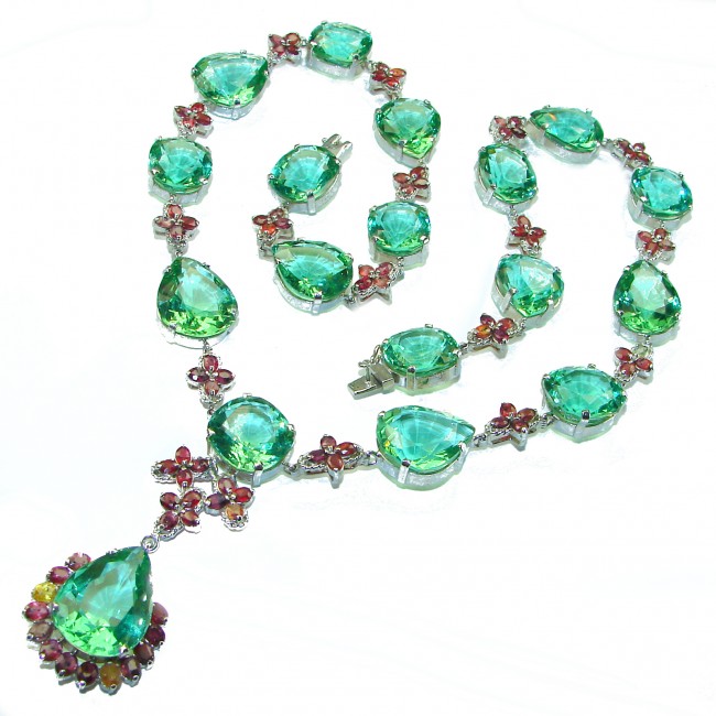 Power of Nature Green Topaz and Garnet .925 Sterling Silver handmade Statement necklace