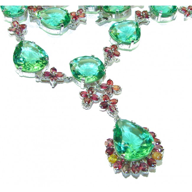 Power of Nature Green Topaz and Garnet .925 Sterling Silver handmade Statement necklace