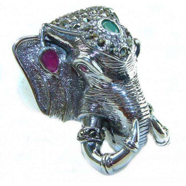 Huge Lucky Elephant unique Ruby .925 Sterling Silver handcrafted Ring size 9 3/4