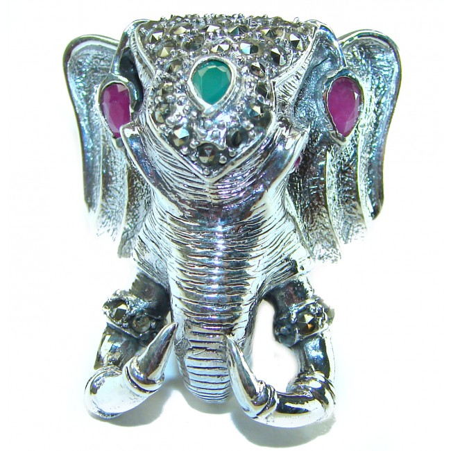 Huge Lucky Elephant unique Ruby .925 Sterling Silver handcrafted Ring size 9 3/4