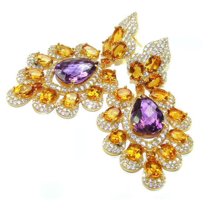 Incredible Beauty authentic Amethyst 14K Gold over .925 Sterling Silver handmade Statement earrings