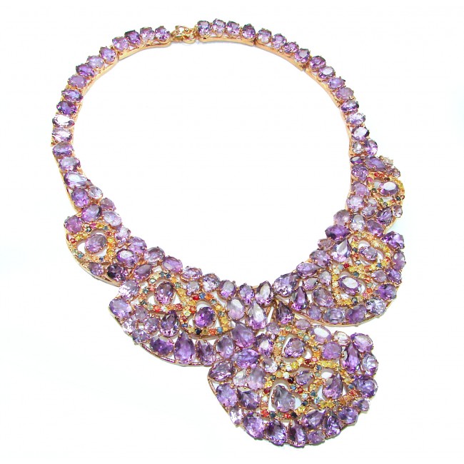 Regal Allure 144 grams authentic African Amethyst 18K Gold over .925 Sterling Silver handcrafted LARGE Statement necklace