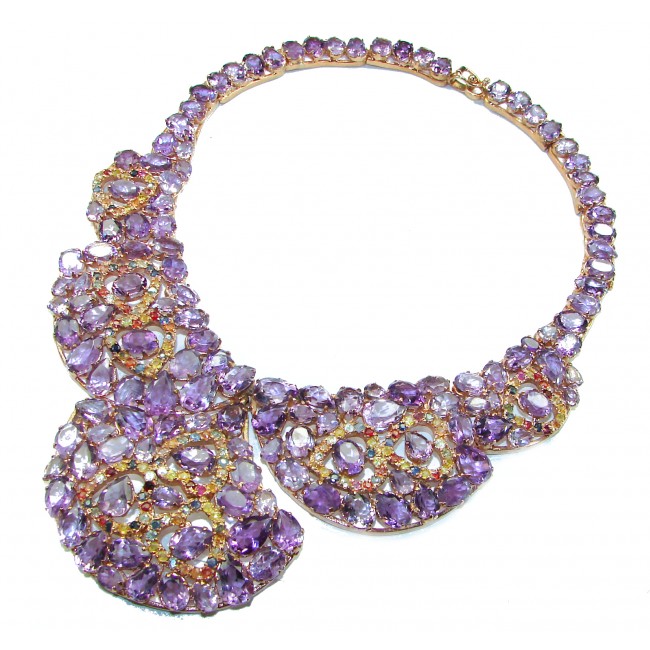 Regal Allure 144 grams authentic African Amethyst 18K Gold over .925 Sterling Silver handcrafted LARGE Statement necklace