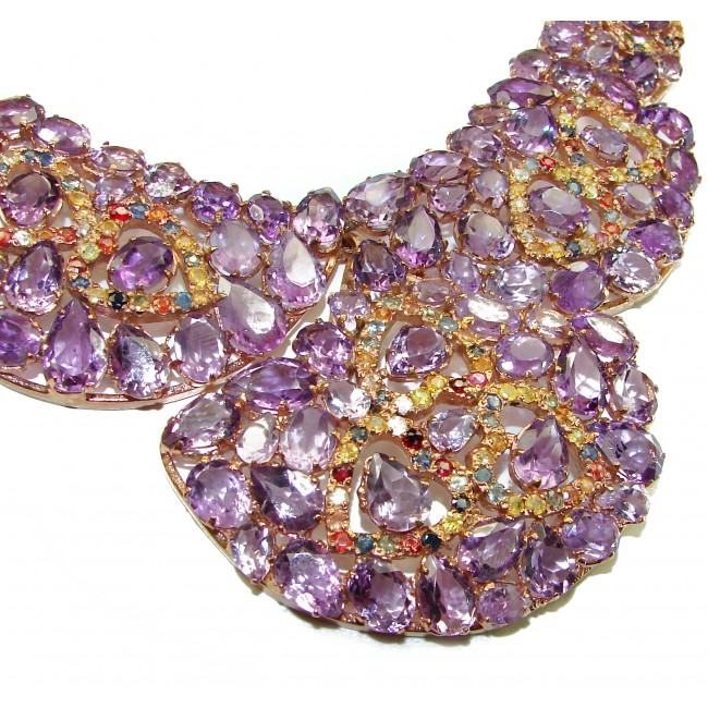 Regal Allure 144 grams authentic African Amethyst 18K Gold over .925 Sterling Silver handcrafted LARGE Statement necklace