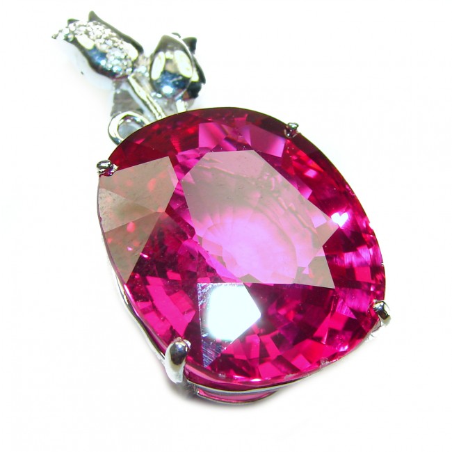 Two Roses Oval cut 20.4 carat Pink Sapphire .925 Sterling Silver handcrafted pendant