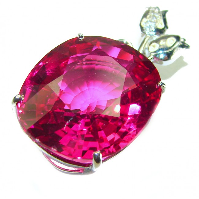 Two Roses Oval cut 20.4 carat Pink Sapphire .925 Sterling Silver handcrafted pendant