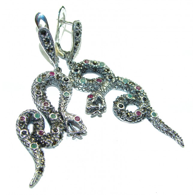 Snakes Ruby Emerald Sapphire .925 Sterling Silver Earrings