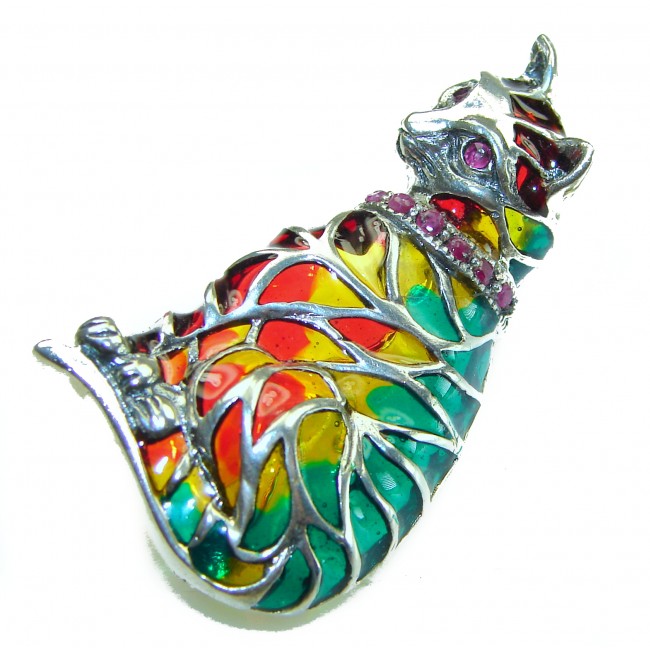 Natural Enamel purple Cat .925 Sterling Silver Brooch Pendant