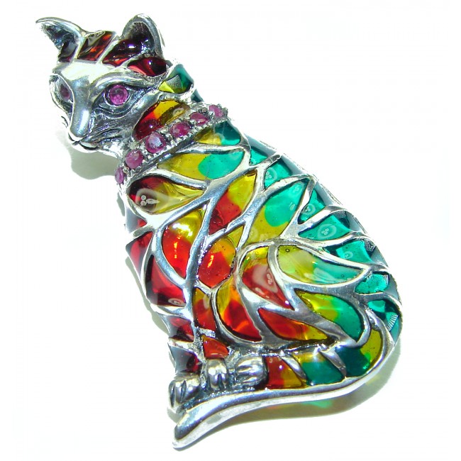 Natural Enamel purple Cat .925 Sterling Silver Brooch Pendant