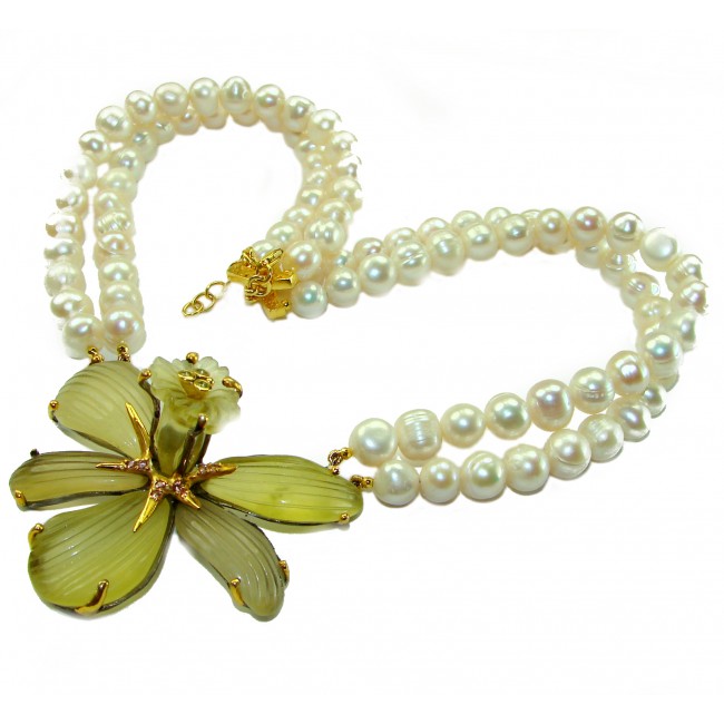 Precious Lotus Flower genuine Citrine Freshwater Pearl 14k Gold over .925 Sterling Silver handcrafted Necklace