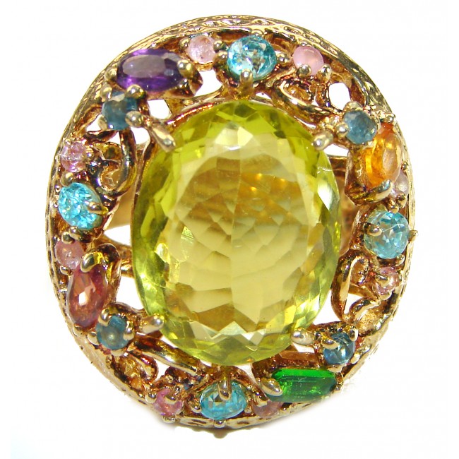 Huge 24.8 carat Genuine Lemon Quartz 14K Gold over over .925 Sterling Silver handcrafted ring size 8