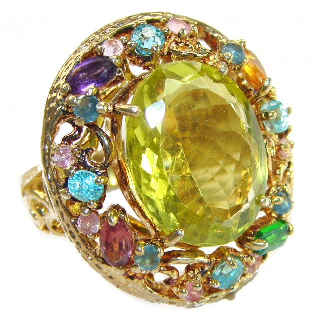 Huge 24.8 carat Genuine Lemon Quartz 14K Gold over over .925 Sterling Silver handcrafted ring size 8