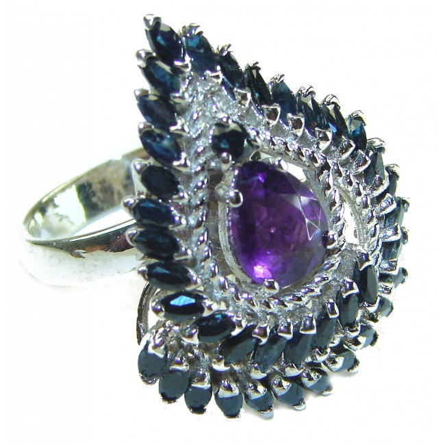 Luxurios Sapphire Amethyst .925 Sterling Silver handcrafted Statement ring s. 8