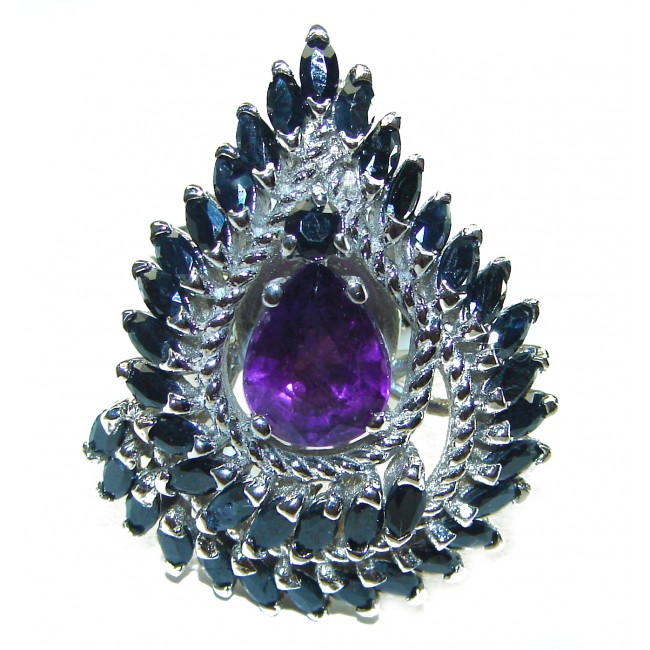 Luxurios Sapphire Amethyst .925 Sterling Silver handcrafted Statement ring s. 8