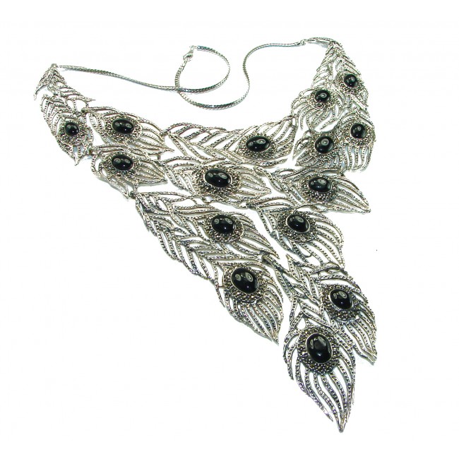 HUGE 102.9 grams Peacock Feather design genuine Onyx .925 Sterling Silver handcrafted Necklace