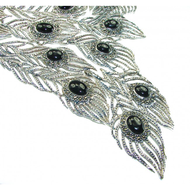 HUGE 102.9 grams Peacock Feather design genuine Onyx .925 Sterling Silver handcrafted Necklace