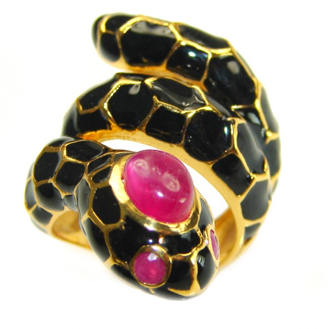 Red Snake Ruby black Enamel 18K Gold over .925 Sterling Silver Huge handcrafted Ring s. 7