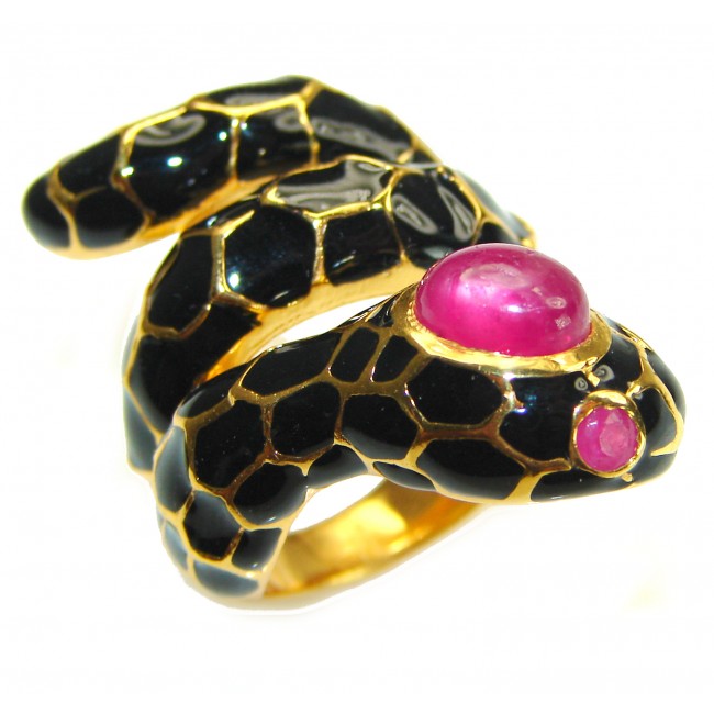 Red Snake Ruby black Enamel 18K Gold over .925 Sterling Silver Huge handcrafted Ring s. 7