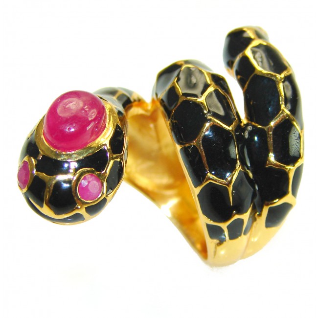 Red Snake Ruby black Enamel 18K Gold over .925 Sterling Silver Huge handcrafted Ring s. 7