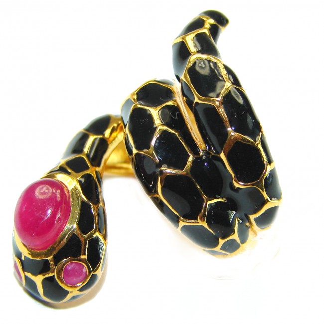 Red Snake Ruby black Enamel 18K Gold over .925 Sterling Silver Huge handcrafted Ring s. 7