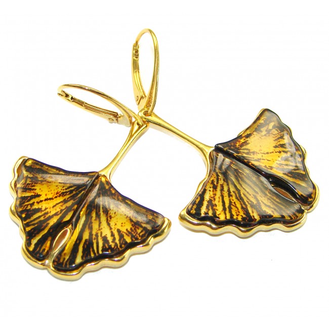 Golden Leaves Genuine carved Baltic Amber 18K Gold over .925 Sterling Silver Earrings