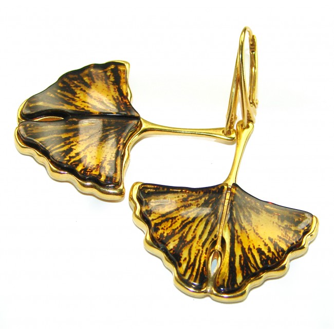 Golden Leaves Genuine carved Baltic Amber 18K Gold over .925 Sterling Silver Earrings