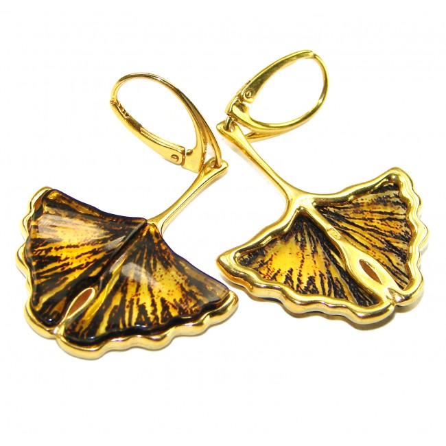 Golden Leaves Genuine carved Baltic Amber 18K Gold over .925 Sterling Silver Earrings