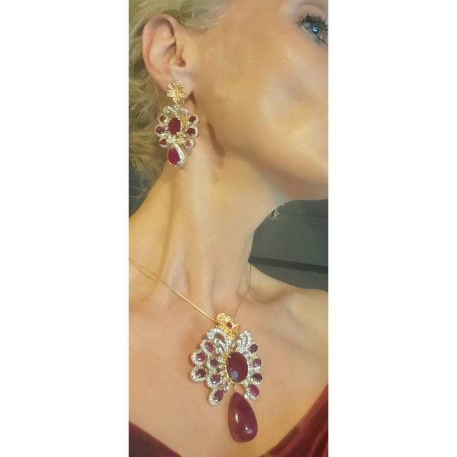 Vintage Design Genuine Ruby lab. Diamond 18K Gold over .925 Sterling Silver handmade Large Statement earrings