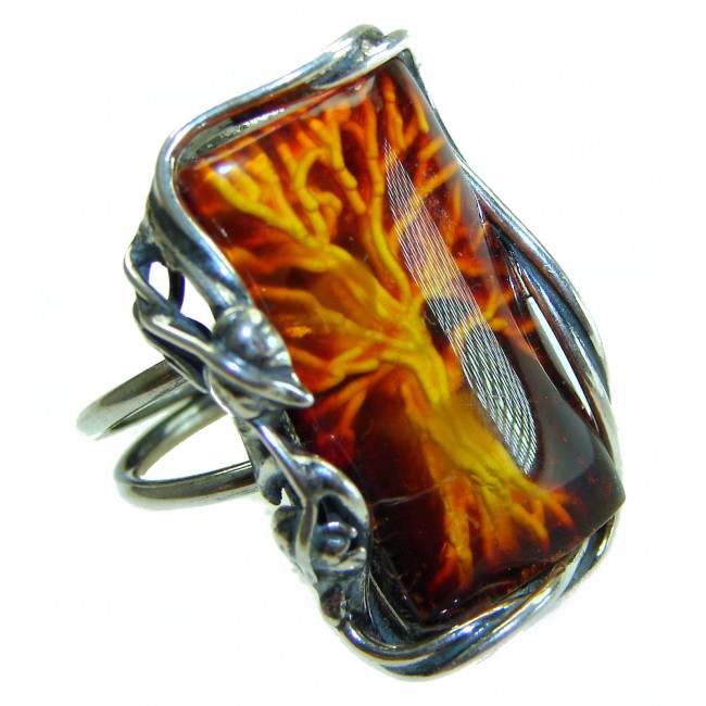 Family Tree Large Authentic Baltic Amber .925 Sterling Silver handcrafted ring s. 8 adjustable