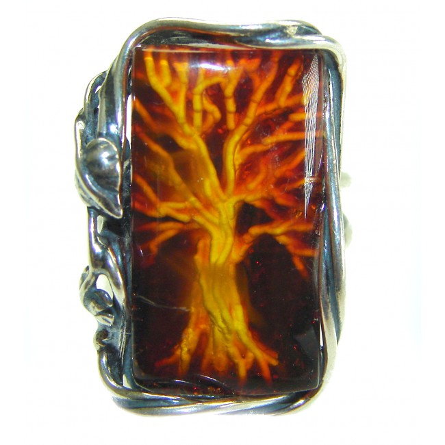 Family Tree Large Authentic Baltic Amber .925 Sterling Silver handcrafted ring s. 8 adjustable