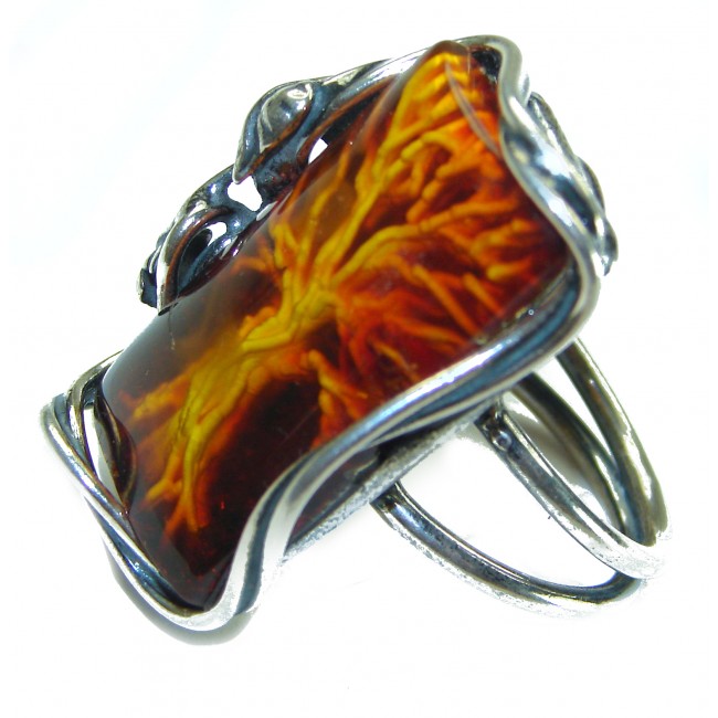 Family Tree Large Authentic Baltic Amber .925 Sterling Silver handcrafted ring s. 8 adjustable