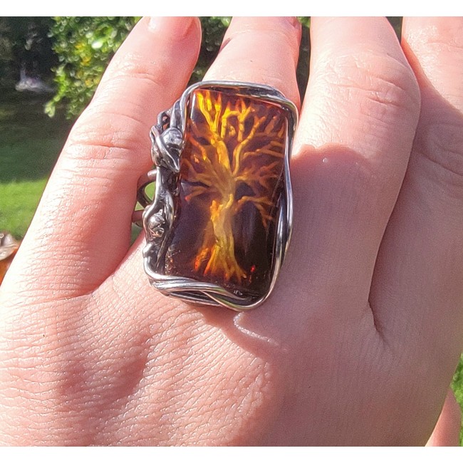 Family Tree Large Authentic Baltic Amber .925 Sterling Silver handcrafted ring s. 8 adjustable