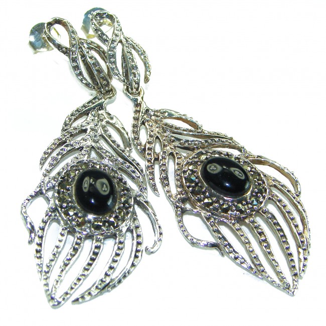 Great Peacocks Feathers authentic Onyx .925 Sterling Silver handcrafted Earrings