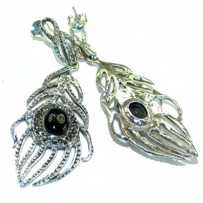 Great Peacocks Feathers authentic Onyx .925 Sterling Silver handcrafted Earrings