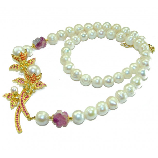 Precious Spring Flower genuine Ruby Freshwater Pearl 14k Gold over .925 Sterling Silver handcrafted Necklace