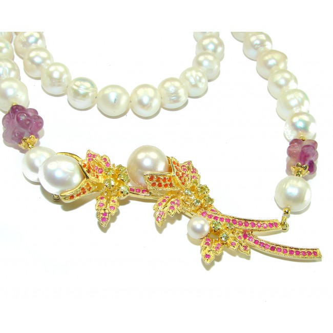 Precious Spring Flower genuine Ruby Freshwater Pearl 14k Gold over .925 Sterling Silver handcrafted Necklace