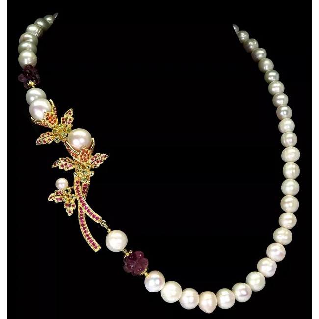 Precious Spring Flower genuine Ruby Freshwater Pearl 14k Gold over .925 Sterling Silver handcrafted Necklace